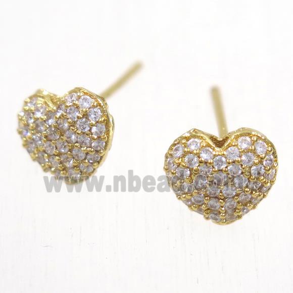 copper heart earring studs paved zircon, gold plated
