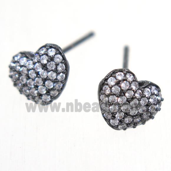 copper heart earring studs paved zircon, black plated
