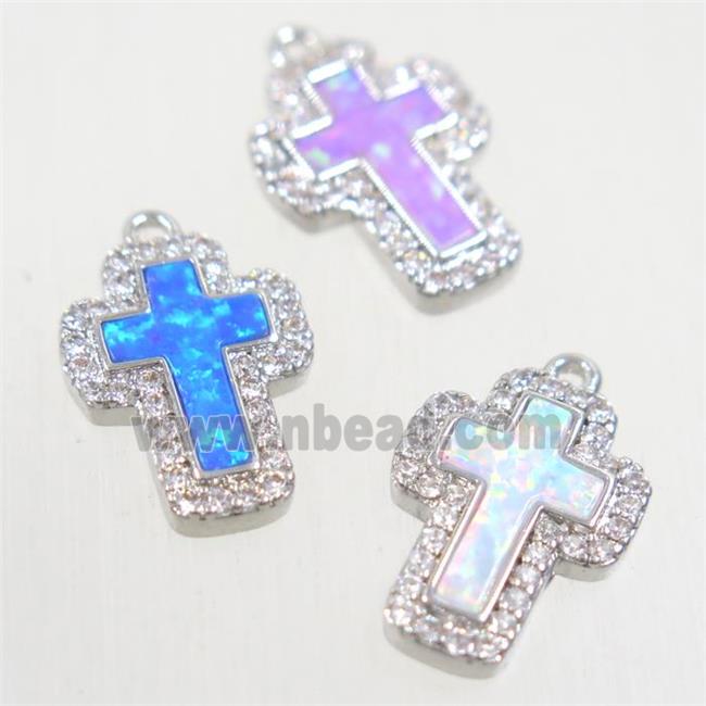 copper cross pendants paved zircon with fire opal, mix color, platinum plated
