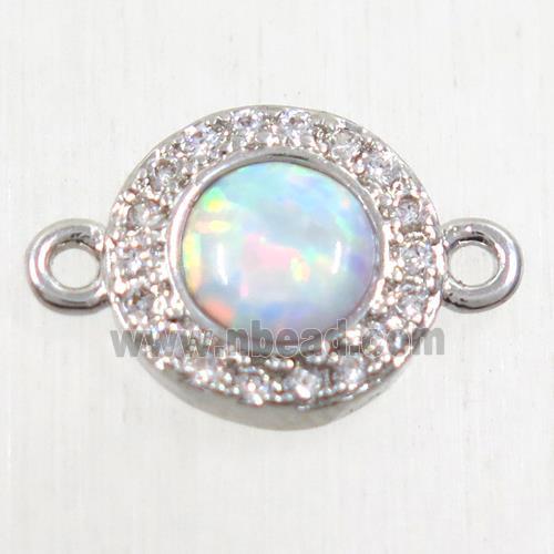 copper circle connector paved zircon with fire opal, platinum plated