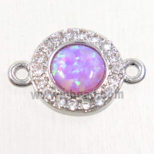 copper circle connector paved zircon with pink fire opal, platinum plated