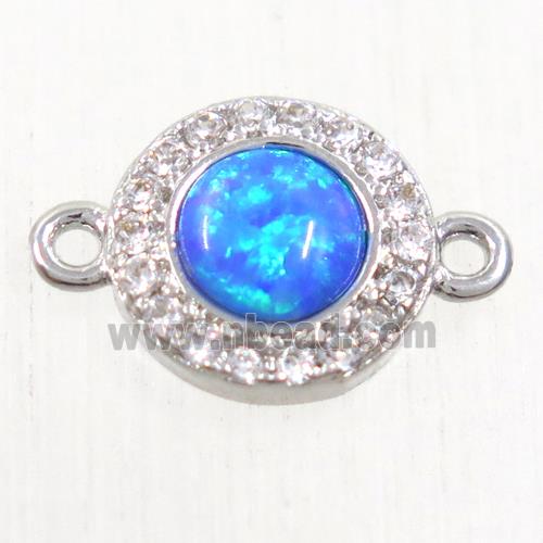 copper circle connector paved zircon with blue fire opal, platinum plated
