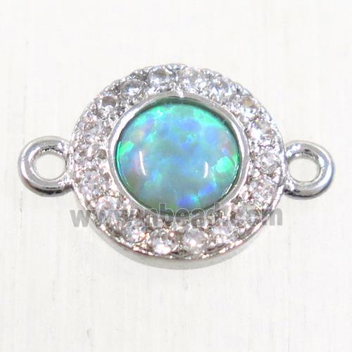 copper circle connector paved zircon with green fire opal, platinum plated