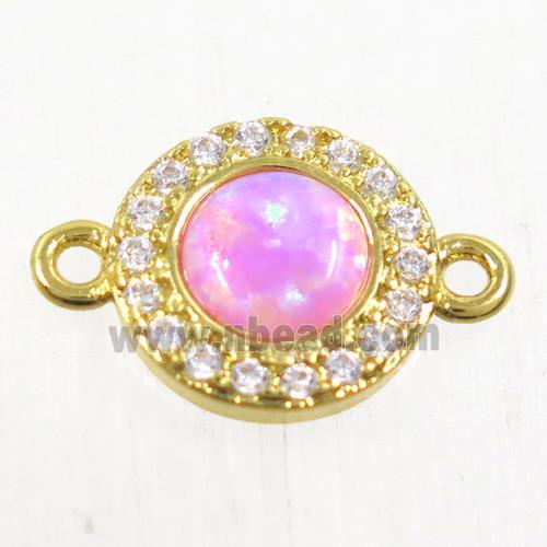copper circle connector paved zircon with pink fire opal, gold plated