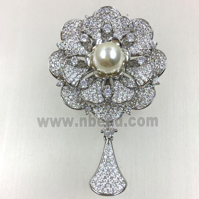 copper flower brooches pave zircon with pearl, revolvable, platinum plated