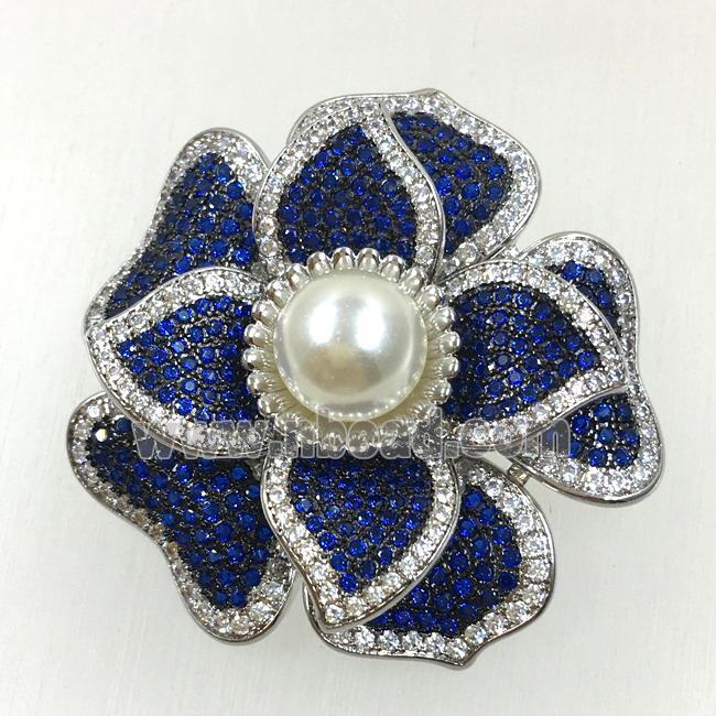copper flower brooches pave zircon with pearl, revolvable, platinum plated