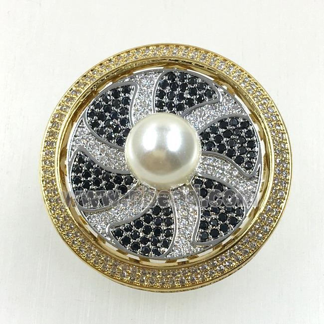 copper flower brooches pave zircon with pearl, revolvable, gold plated
