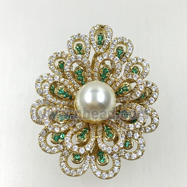 copper flower brooches pave zircon with pearl, revolvable, gold plated