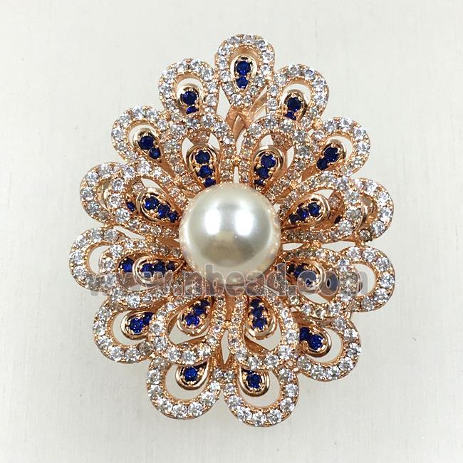 copper flower brooches pave zircon with pearl, revolvable, rose gold