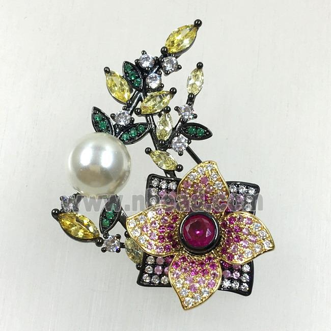 copper flower brooches pave zircon with pearl, revolvable, black plated