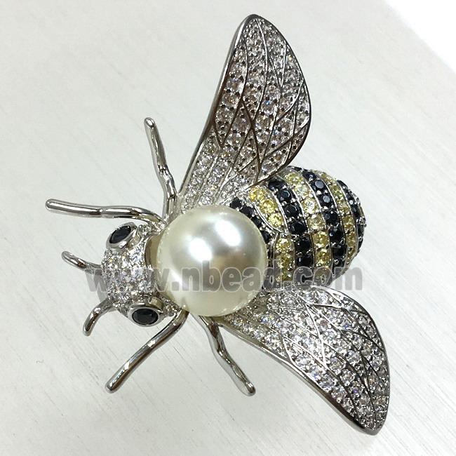 copper honeybee brooches pave zircon with pearl, platinum plated
