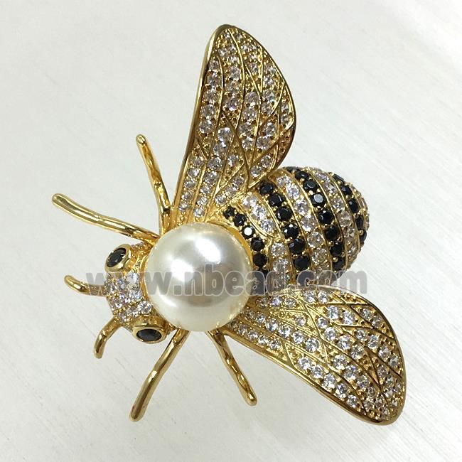 copper honeybee brooches pave zircon with pearl, gold plated