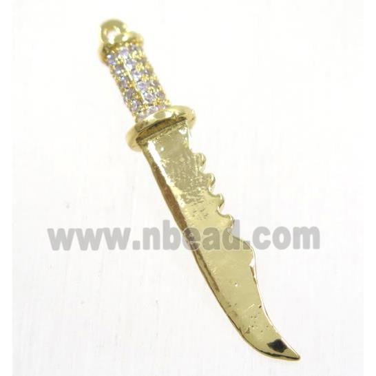 copper pendant paved zircon, knife, gold plated