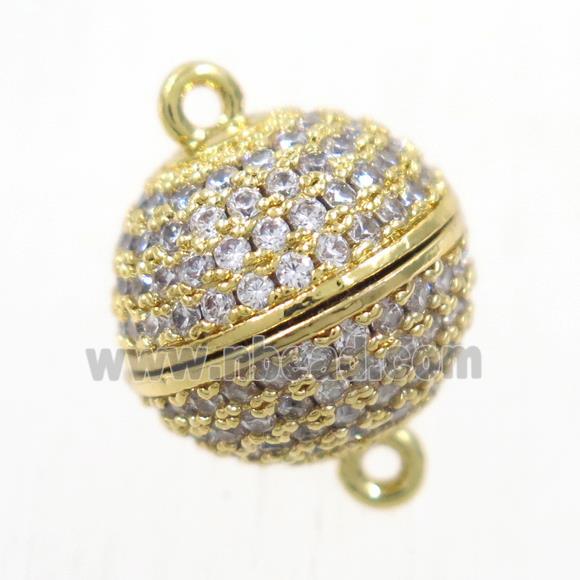 round copper ball magnetic clasp paved zircon, gold plated
