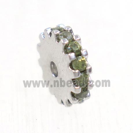 copper rondelle beads pave olive zircon, platinum plated