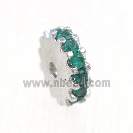 copper rondelle beads pave green zircon, platinum plated