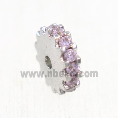 copper rondelle beads pave pink zircon, platinum plated