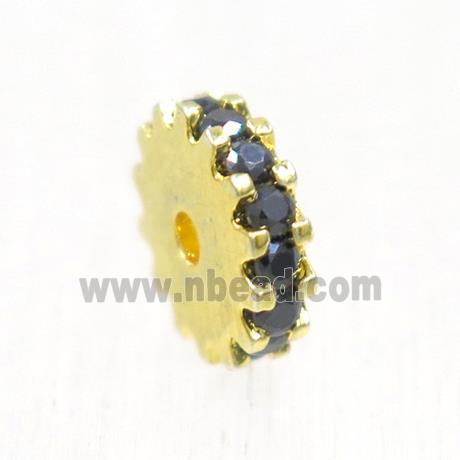copper rondelle beads pave black zircon, gold plated