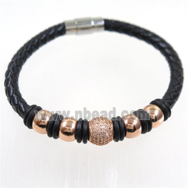 black PU leather cuff bracelet with copper beads pave zircon
