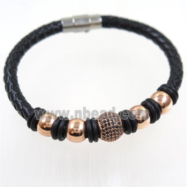 black PU leather bracelet with copper beads pave zircon