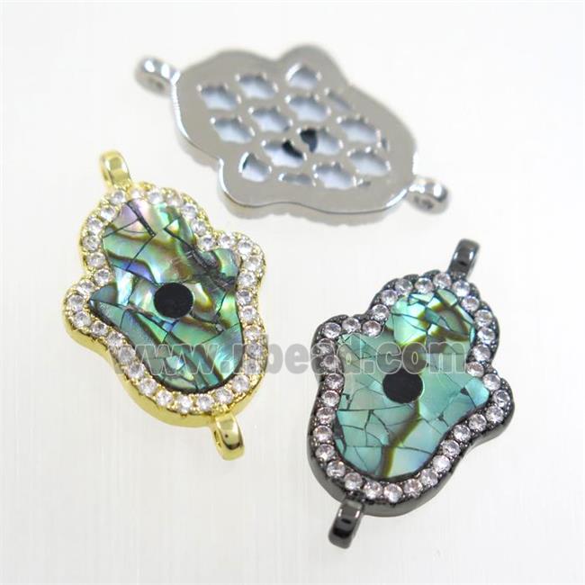 copper hamsahand connector paved zircon with abalone shell, mixed