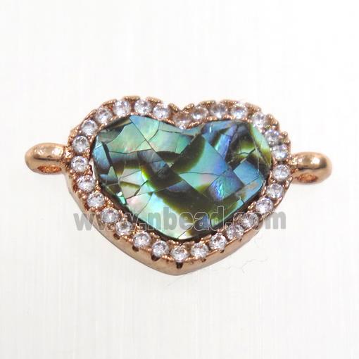 copper heart connector paved zircon with abalone shell, rose gold