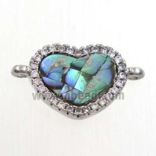 copper heart connector paved zircon with abalone shell, platinum plated