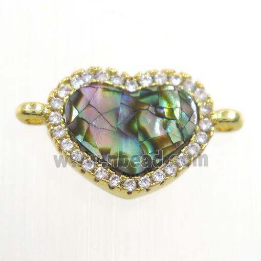 copper heart connector paved zircon with abalone shell, gold plated