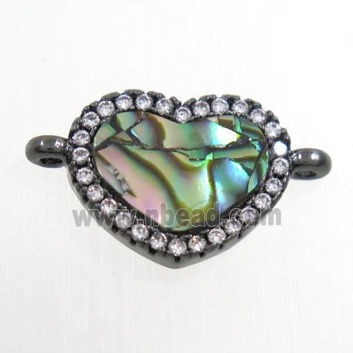 copper heart connector paved zircon with abalone shell, black plated