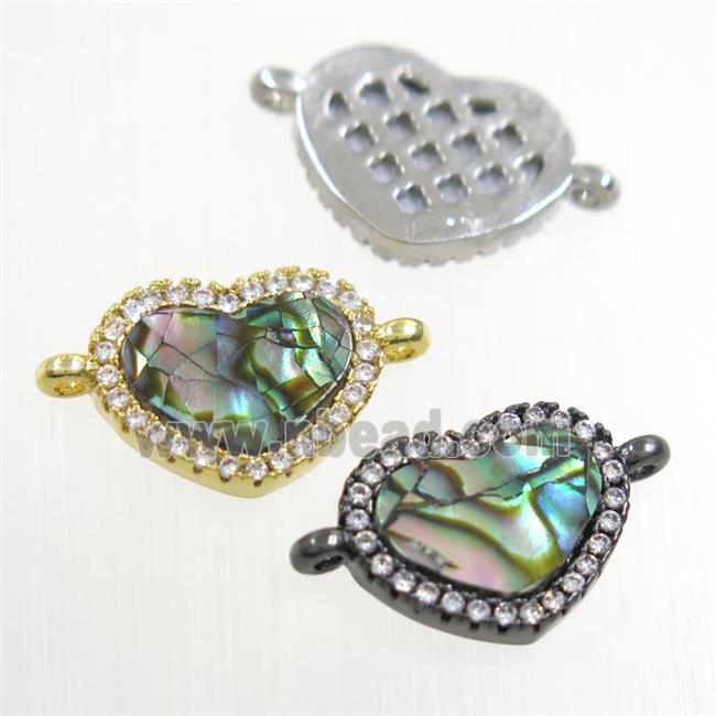 copper heart connector paved zircon with abalone shell, mixed