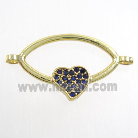copper oval connector paved zircon with heart, gold plated