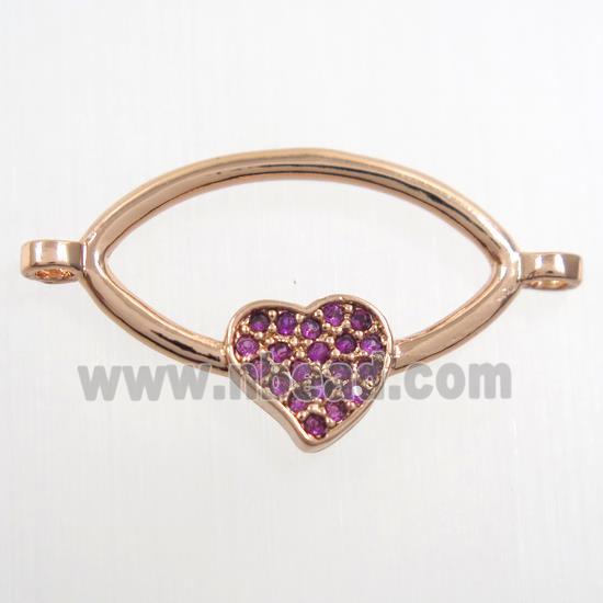 copper oval connector paved zircon with heart, rose gold