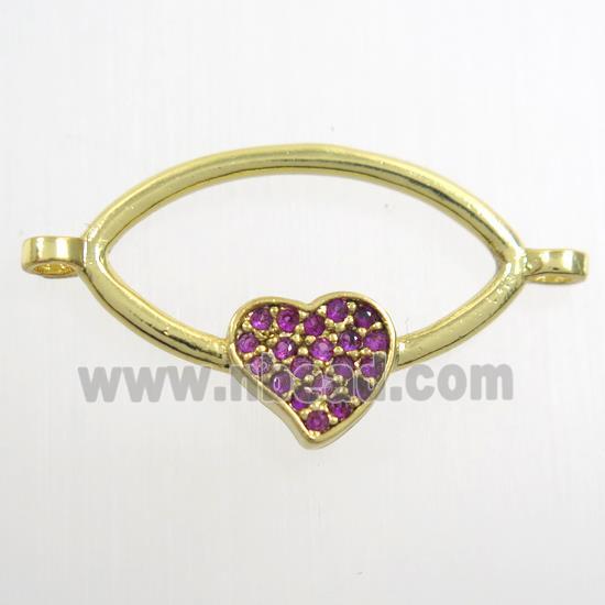 copper oval connector paved zircon with heart, gold plated
