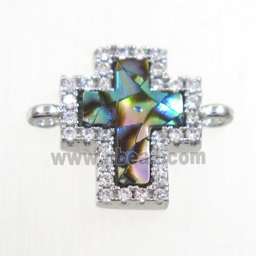 copper cross connector paved zircon with abalone shell, platinum plated