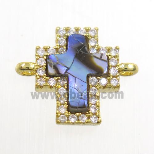 copper cross connector paved zircon with abalone shell, gold plated