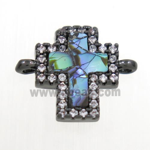 copper cross connector paved zircon with abalone shell, black plated