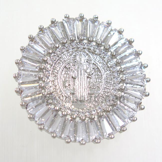 copper circle pendant paved zircon with Jesus, platinum plated