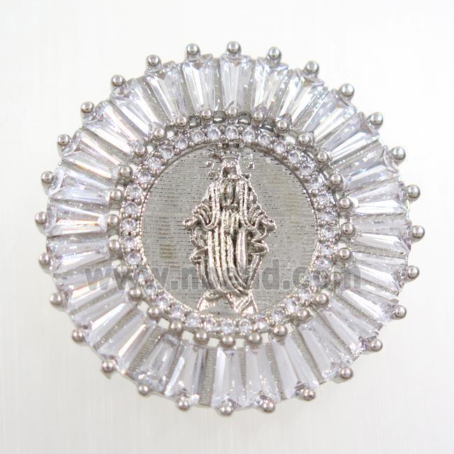 copper circle pendant paved zircon with Jesus, platinum plated