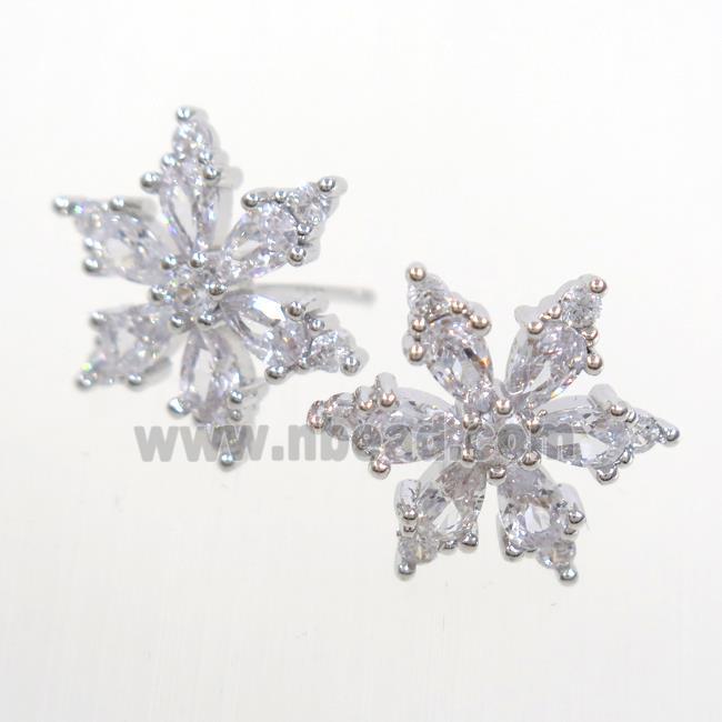 copper snowflake Earring studs paved zircon, platinum plated