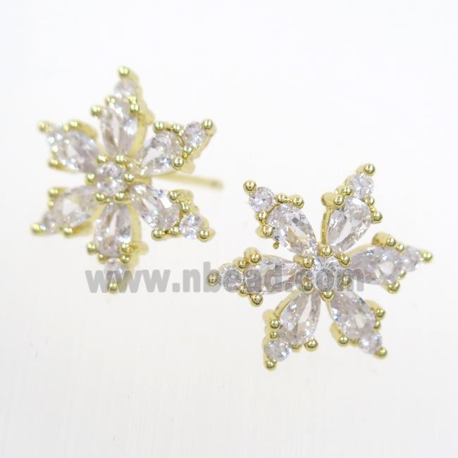 copper snowflake Earring studs paved zircon, gold plated