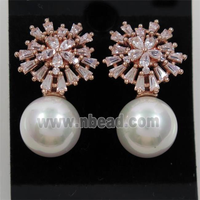 copper earring paved zircon with pearl shell, rose gold