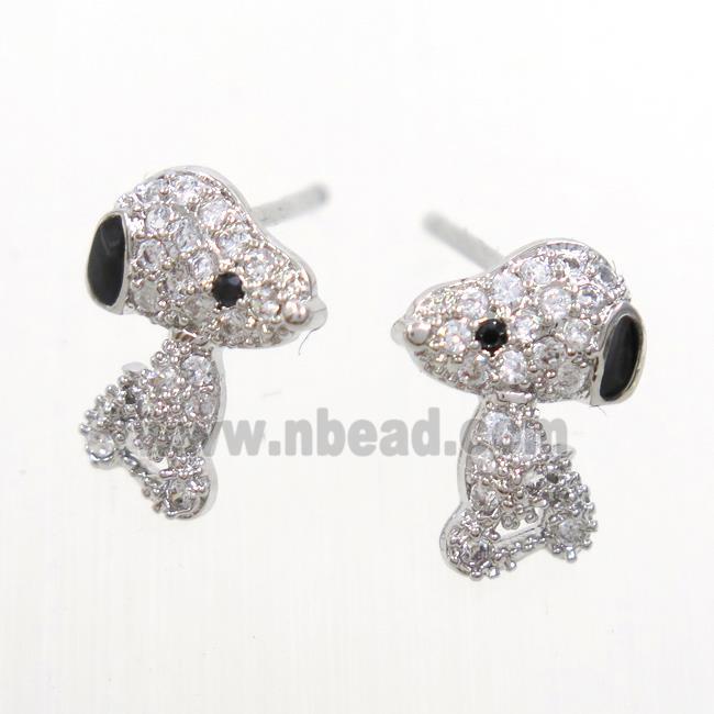 copper dog Earring studs paved zircon, platinum plated