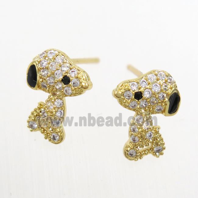 copper dog Earring studs paved zircon, gold plated