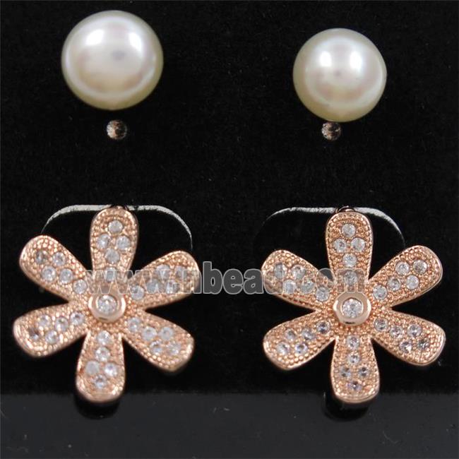 copper flower earring paved zircon with pearl, rose gold