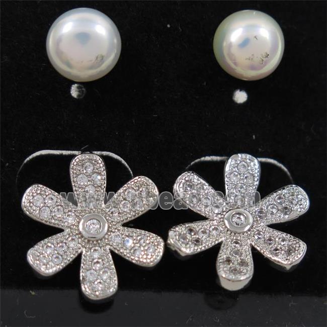 copper flower earring paved zircon with pearl, platinum plated