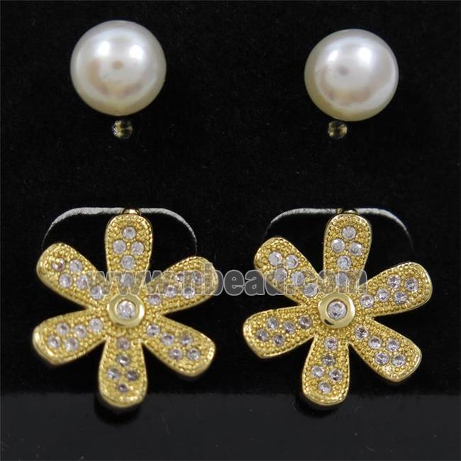 copper flower earring paved zircon with pearl, gold plated
