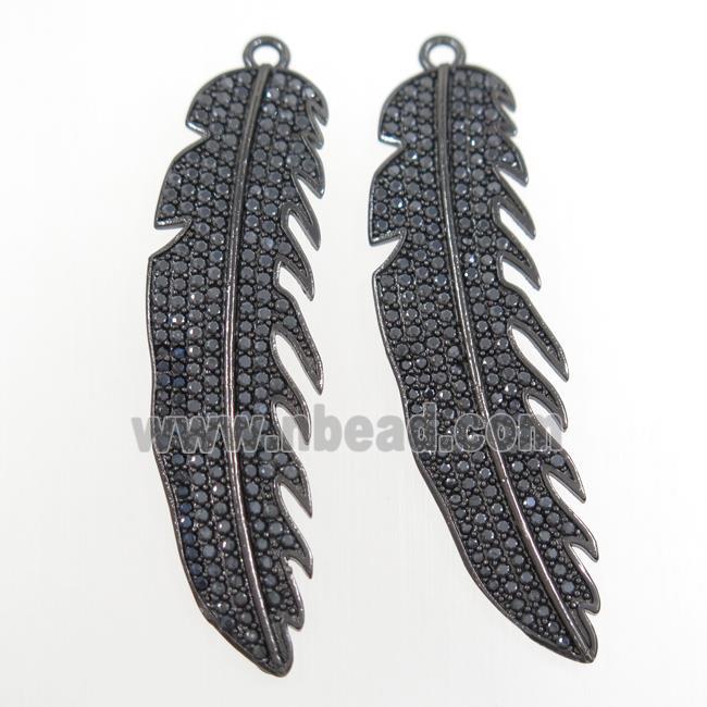 copper feather pendant paved zircon, black plated