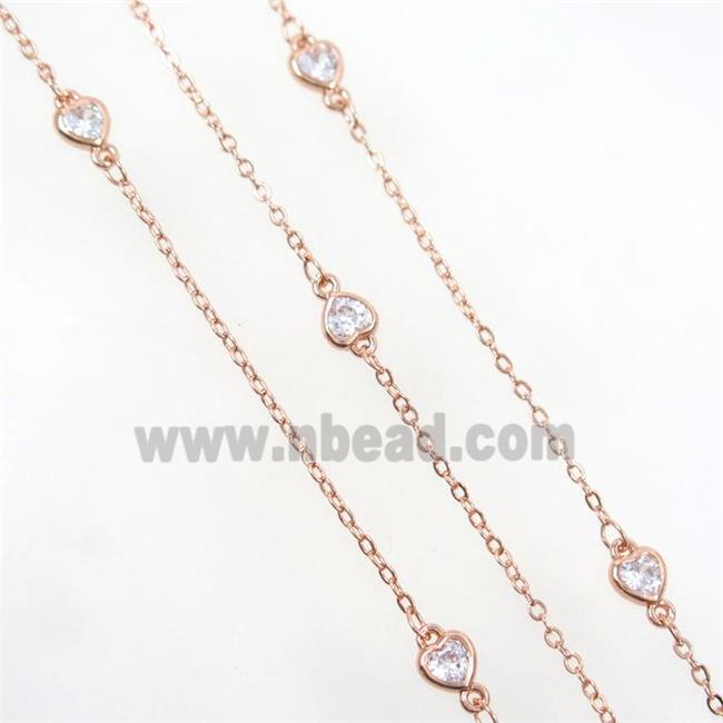 copper chain with zircon, heart, rose gold