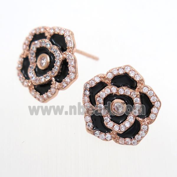 copper flower Earring studs paved zircon, enamel, rose gold