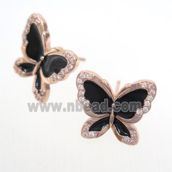 copper butterfly Earring studs paved zircon, enamel, rose gold